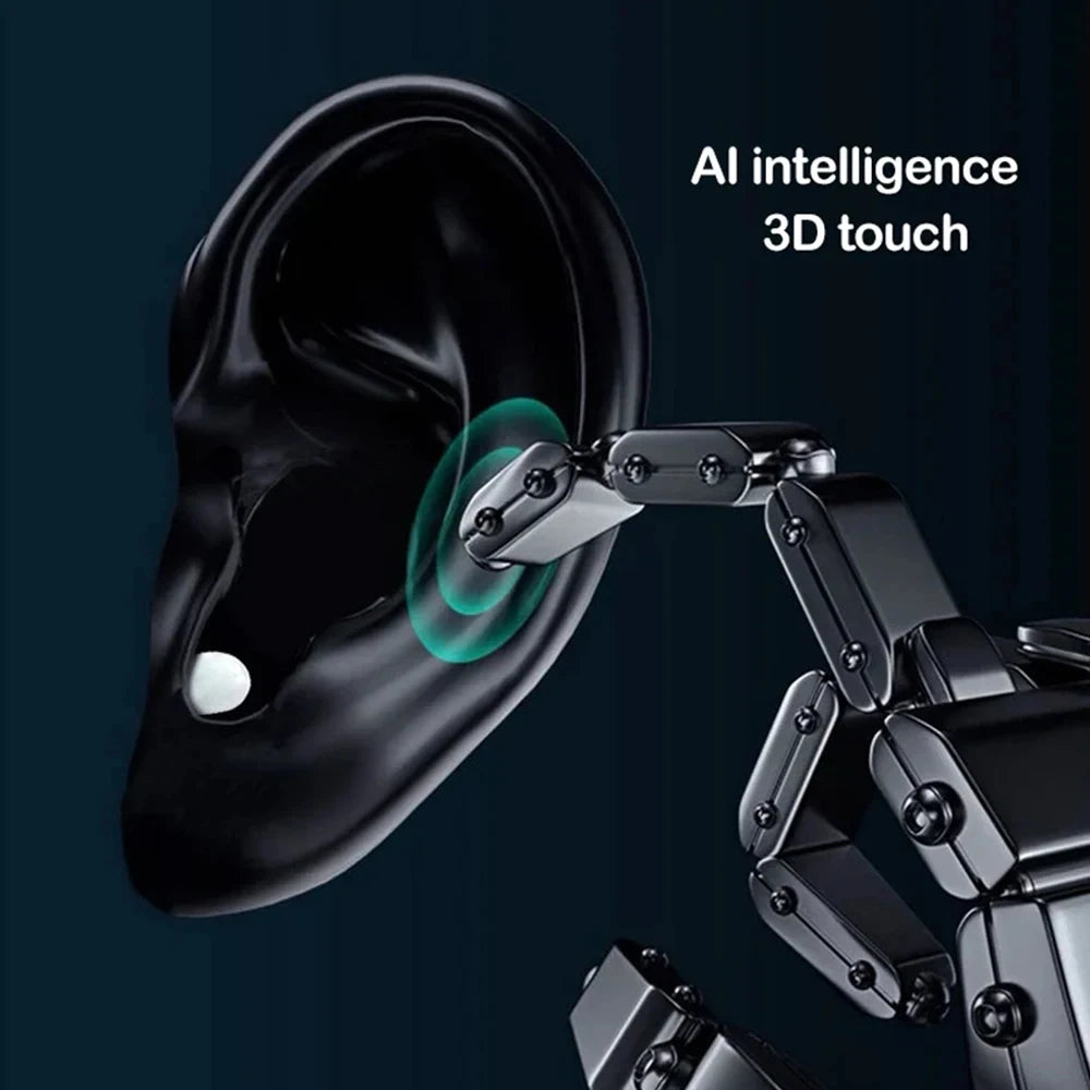 Illustration of robot arm demonstrating 3D touch technology on an ear, highlighting AI intelligence features.