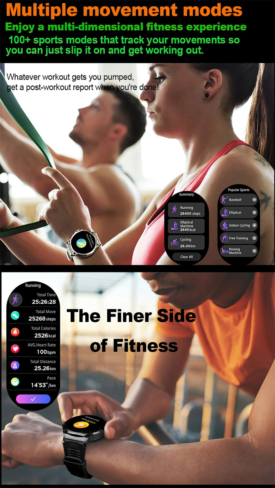 Fitness enthusiasts using a GPS smart watch with multiple movement modes during workouts, showcasing workout tracking features.