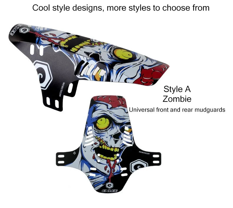 Reflective MTB bike mudguard design featuring zombie graphics, suitable for universal front and rear bike fenders.