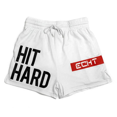 Men's lightweight white gym shorts with bold 'HIT HARD' print, perfect for running and workouts.