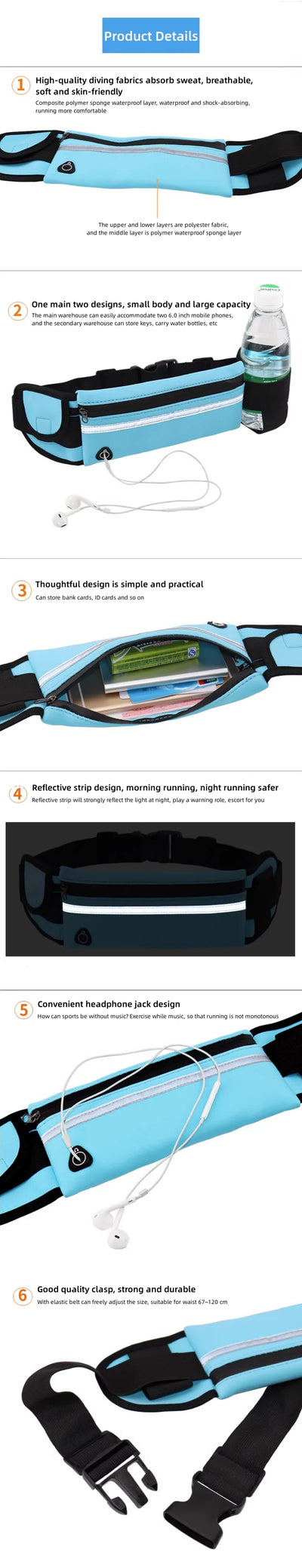 Waterproof running waist pack in blue, designed for unisex use, features phone holder and adjustable strap.