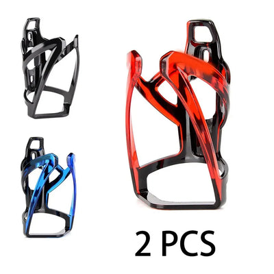 Colorful lightweight bicycle bottle cages in black, blue, and red. Perfect for securing your water bottles during rides.
