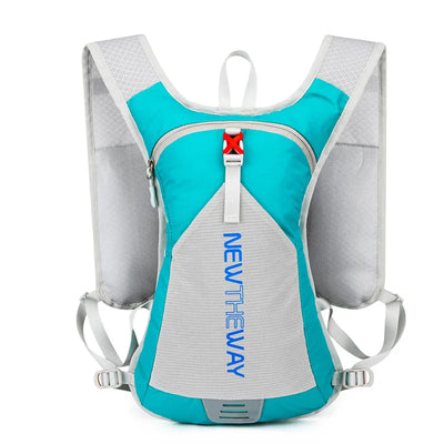 Ultralight waterproof hydration backpack in teal and gray, perfect for outdoor running and cycling.