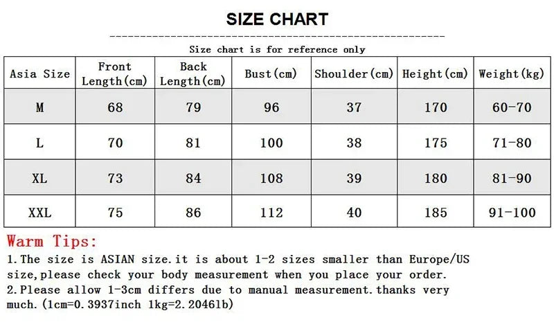 Size chart for men's fitness clothing, displaying measurements for different Asian sizes M, L, XL, and XXL.