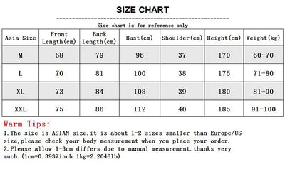 Size chart for men's fitness clothing, displaying measurements for different Asian sizes M, L, XL, and XXL.