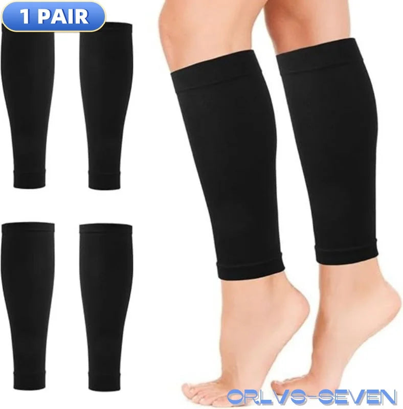 Compression calf sleeves, footless design, ideal for varicose veins and edema relief, suitable for men and women.