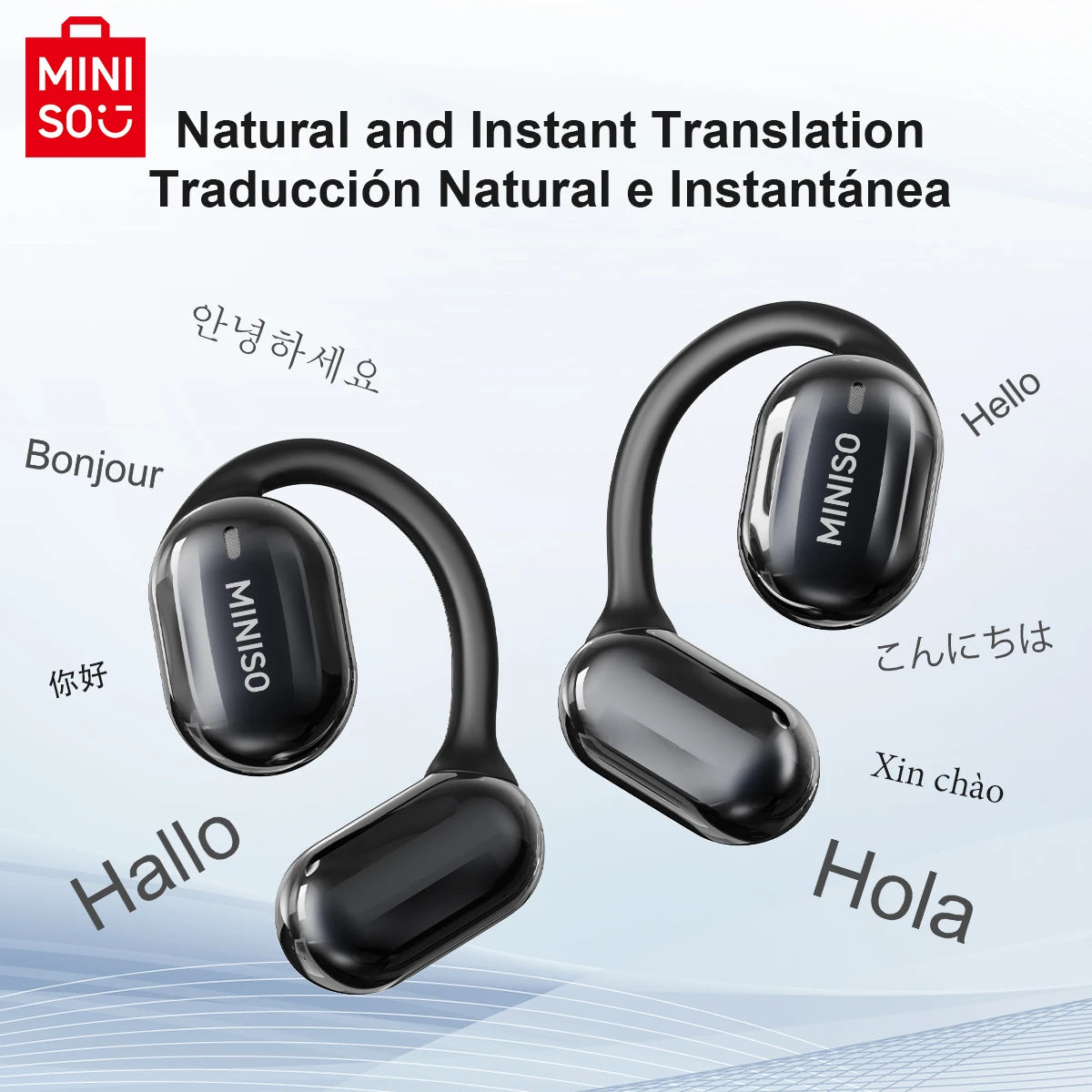 MINISO MS162 Bluetooth Translation Earbuds showcasing multilingual greetings for natural and instant translation.