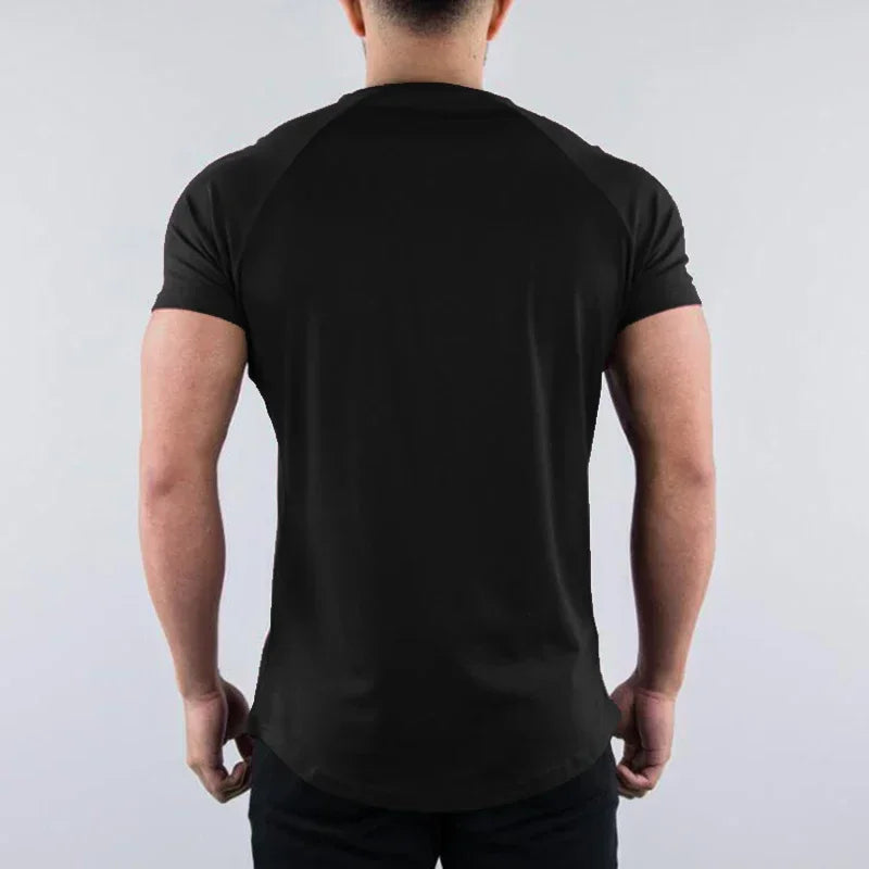 Men's black short sleeve cotton shirt from the back, ideal for gym workouts and bodybuilding.