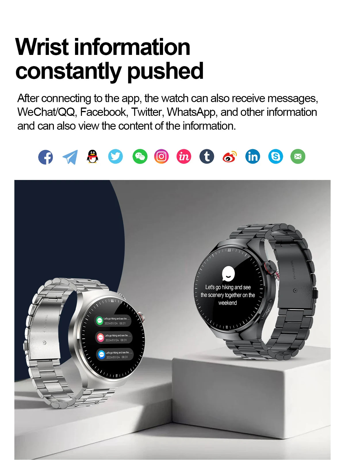 Health smartwatch displaying messaging apps and notifications, showcasing style and functionality for modern users.