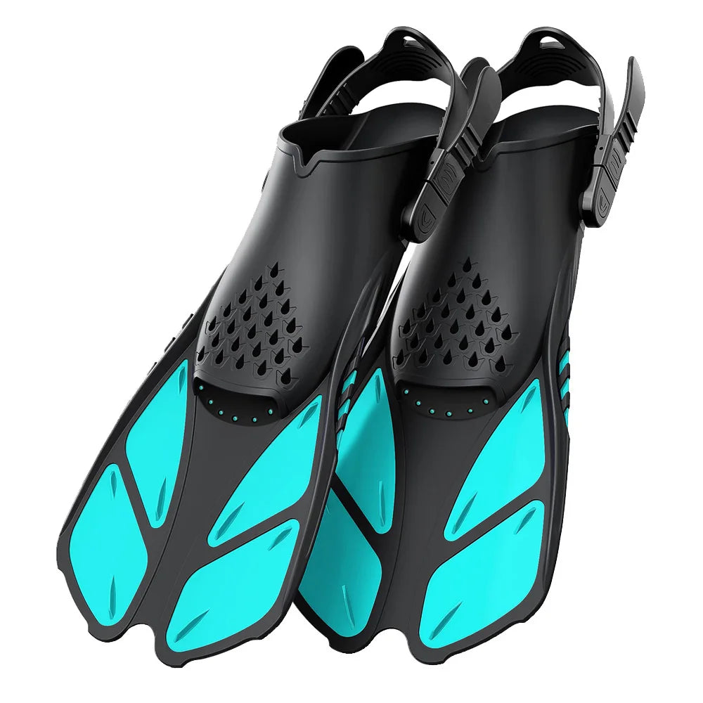 Adjustable snorkeling fins with silicone material and open heel design, ideal for travel and scuba diving for adults.