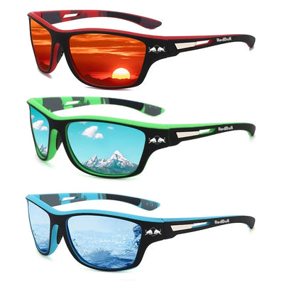 Red Bull polarized sunglasses in three colors for outdoor activities like fishing, driving, and hiking.