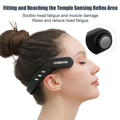 Woman using a wireless temple head massager for relaxation and muscle relief, showcasing its ergonomic design.