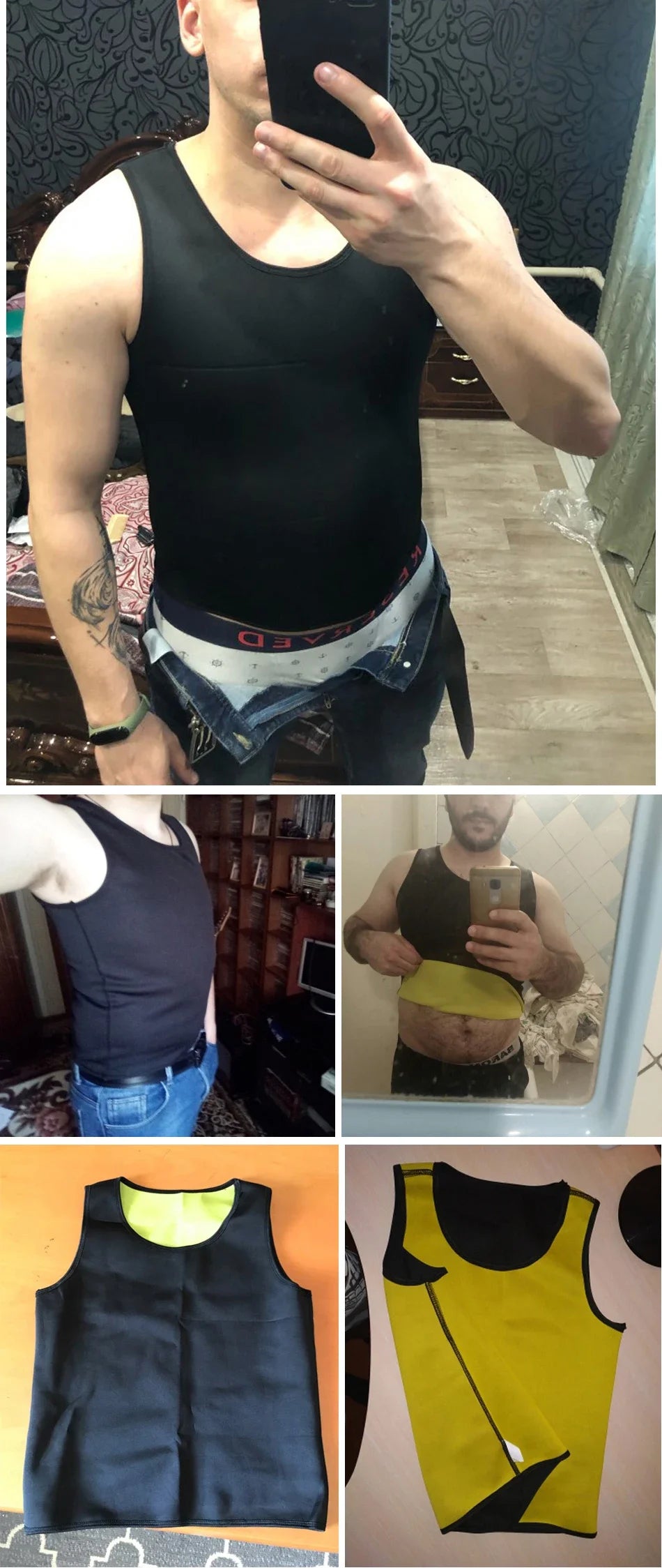 Men’s slimming body shaper vest and tank top in various angles and styles, showcasing fat-burning design and fit.