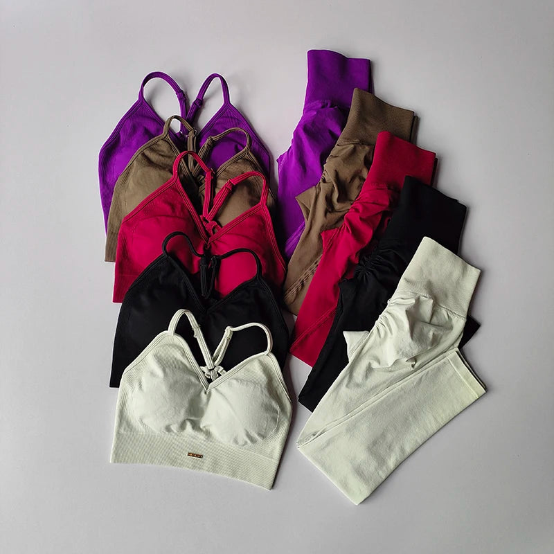 Collection of seamless women's yoga bras and leggings in various colors for fitness and toning.