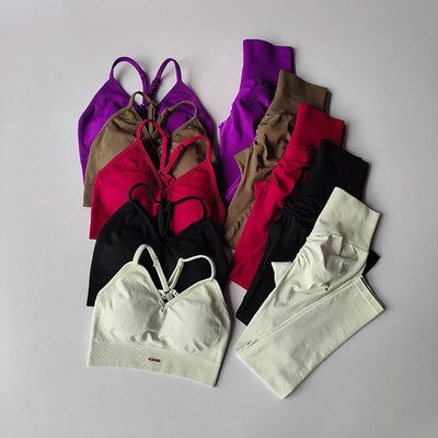 Collection of seamless women's yoga bras and leggings in various colors for fitness and toning.