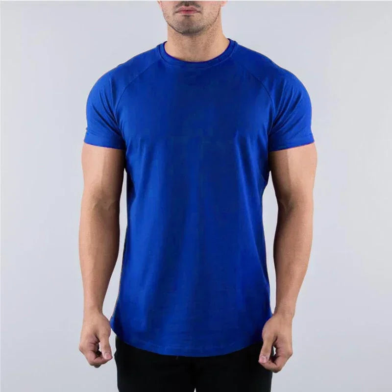 Mens blue cotton short sleeve t-shirt for gym workouts and bodybuilding, breathable and comfortable fitness clothing.