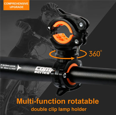 360° rotatable double clip lamp holder for bicycles, featuring a durable design for effective mounting on handlebars.