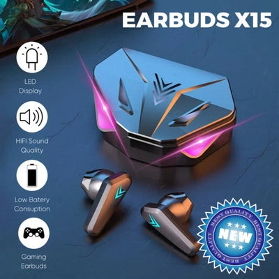 TWS Wireless Bluetooth Earbuds X15 with LED display, HiFi sound, and low battery consumption for gamers.