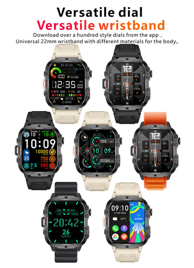 Rugged military smart watch collection with versatile dials and interchangeable 22mm wristbands.