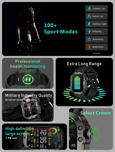 Rugged military smart watch showcasing 100+ sport modes, professional health monitoring, and a high-definition large screen.