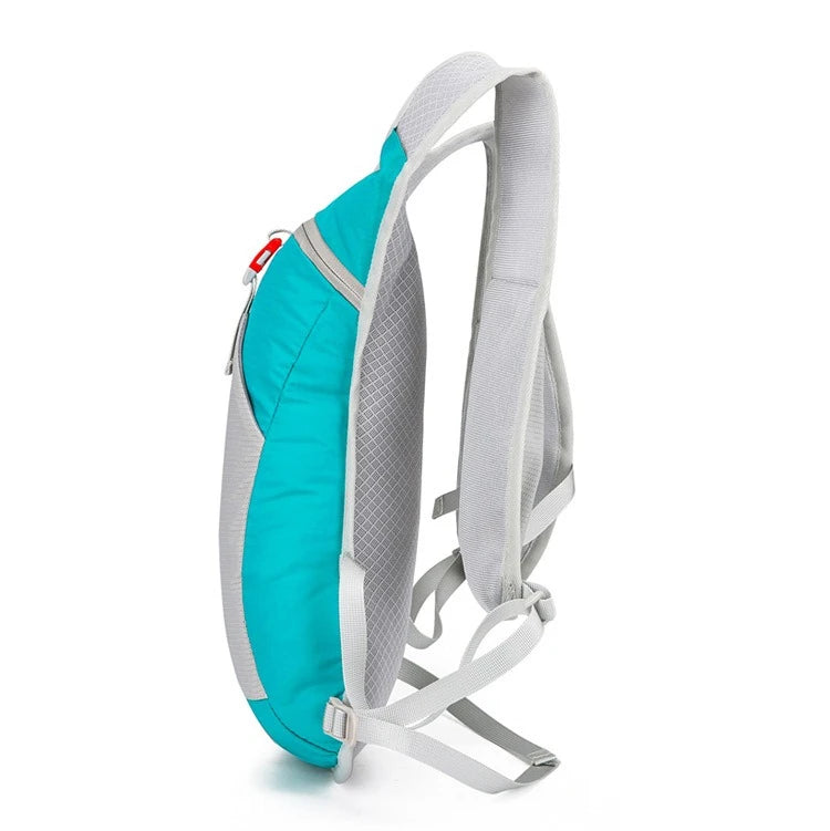 Ultralight waterproof hydration backpack in teal and gray, ideal for outdoor running and cycling.