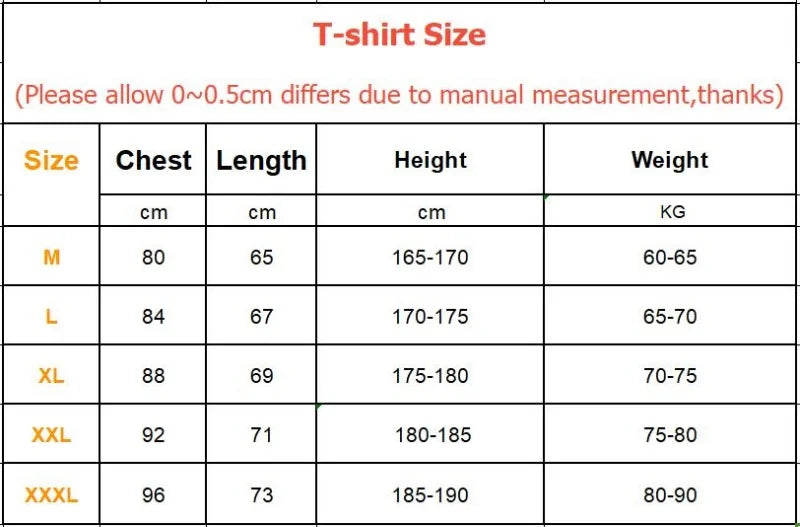 Size chart for men's running T-shirts with chest, length, height, and weight specifications.