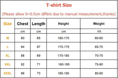 Size chart for men's running T-shirts with chest, length, height, and weight specifications.