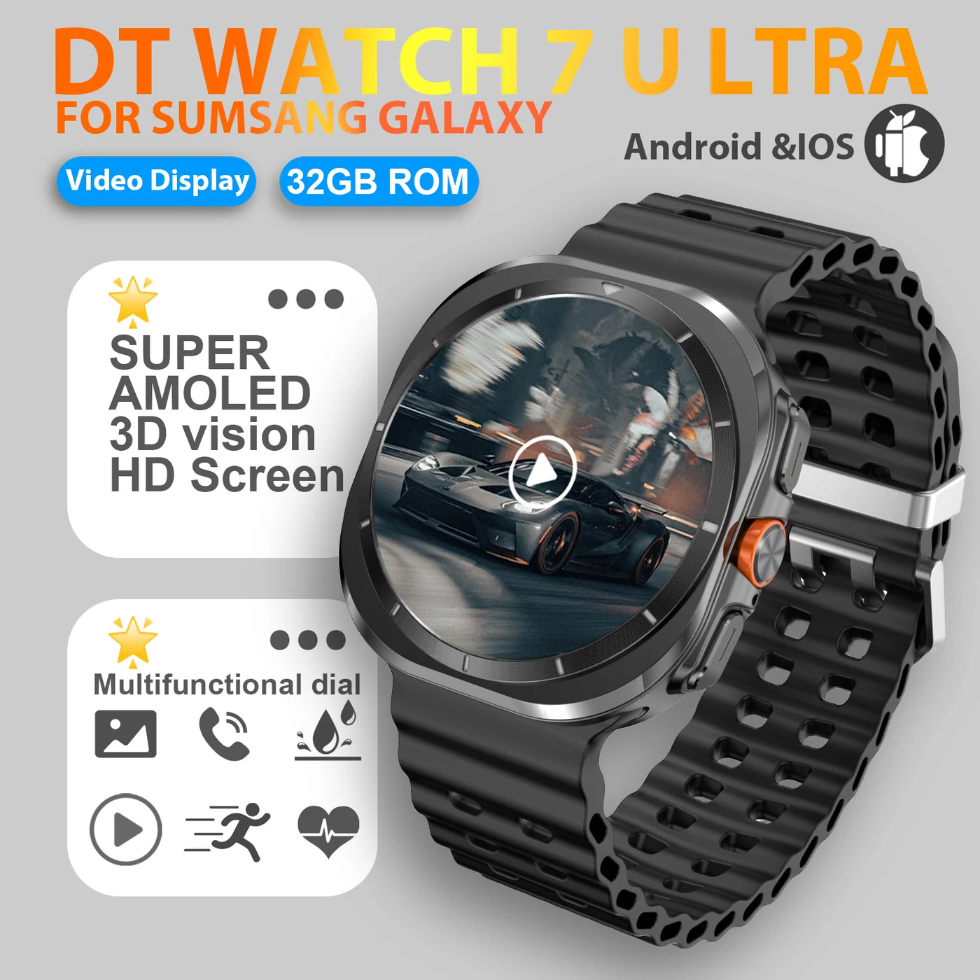 DT Watch 7 Ultra smartwatch featuring Super AMOLED 3D display, 32GB ROM, suitable for Samsung Galaxy, Android & iOS.