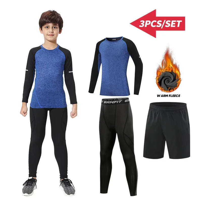Kids thermal sports set with long sleeve top, compression tights, and shorts for winter running, ideal for boys and unisex.