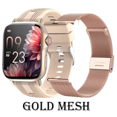 2025 waterproof smart watch with gold mesh strap, features touchscreen and fitness tracking functionalities.