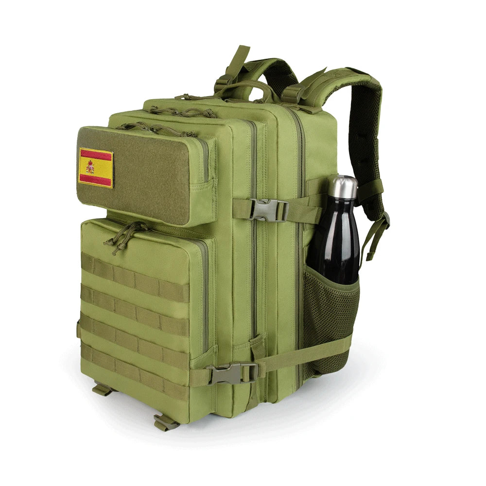 Tactical 45L hiking backpack in green, featuring multiple compartments and a side pocket for water bottle.