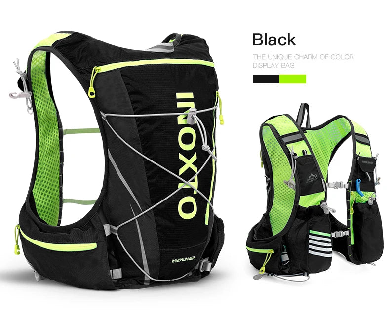 Outdoor INOXTO hydration vest backpack in black and green for running, cycling, and hiking activities.