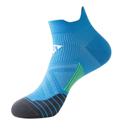 Breathable blue sports compression socks for men and women, designed for running and fitness with quick-dry technology.