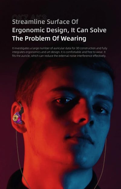 User wearing QKZ AK3 in-ear wired earphones showcasing ergonomic design, color contrast, and noise-cancelling features.