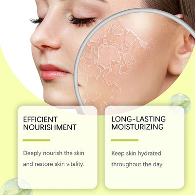 Close-up of a woman's face illustrating efficient nourishment and long-lasting moisturizing benefits of a serum.