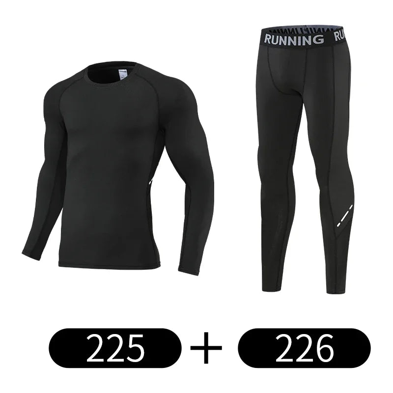 Men's compression sportswear set featuring a pullover shirt and leggings for gym training and athletic activities.