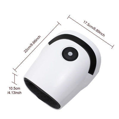 Electric hand massage device with airbag compression, heat therapy, and kneading features. Dimensions: 22cm x 17.5cm x 10.5cm.