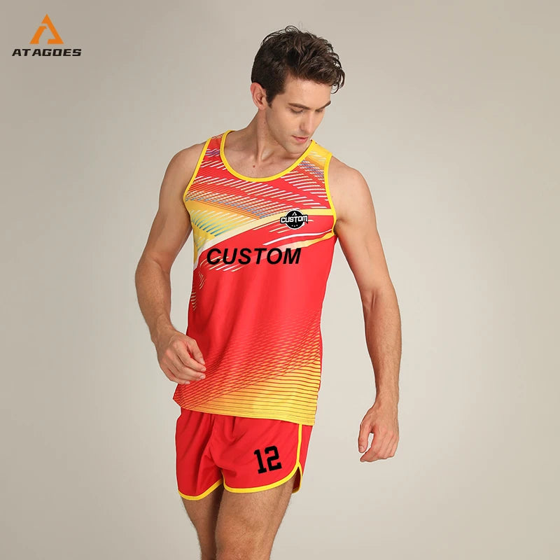 Custom unisex marathon running suit in red and yellow, featuring a sporty design and breathable material.