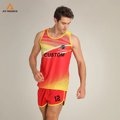 Custom unisex marathon running suit in red and yellow, featuring a sporty design and breathable material.