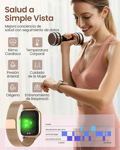 Image of a woman in workout attire using a smartwatch displaying health metrics like heart rate and oxygen levels.