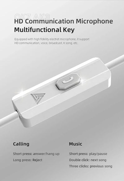 Close-up of QKZ AK3 microphone control with calling and music functions for wired earphones.