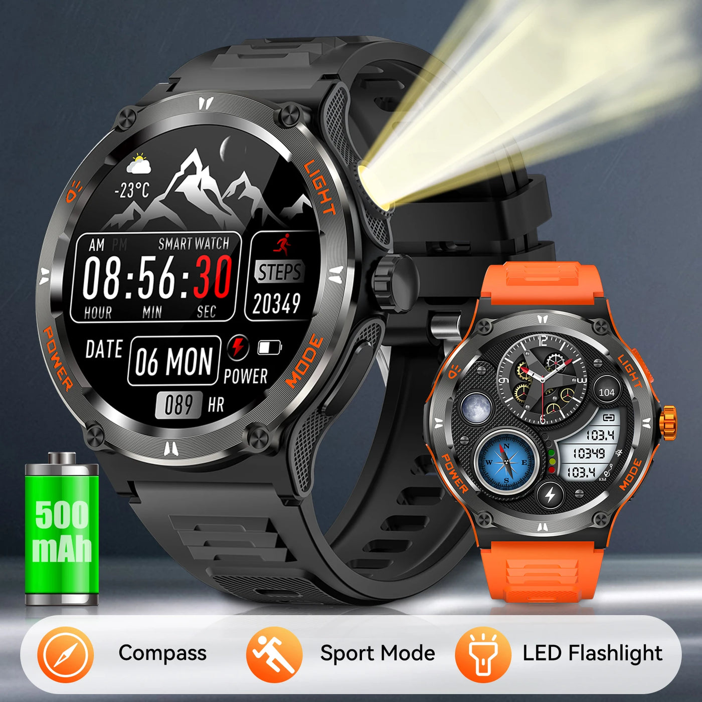 LaNikar Smart Watch with LED, compass, and sport mode, showcasing waterproof design and battery life.