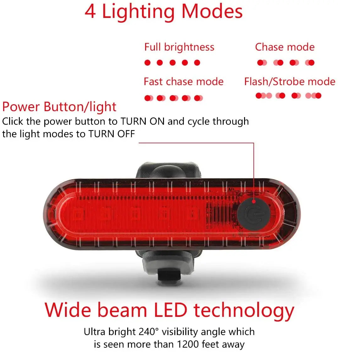 USB rechargeable bike tail light showing 4 lighting modes and wide beam LED technology for cycling safety.