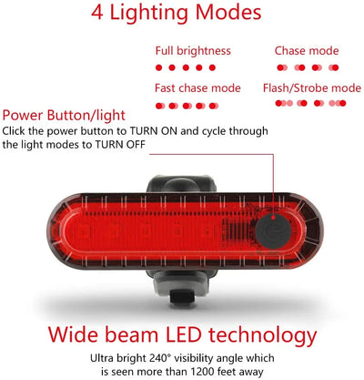 USB rechargeable bike tail light showing 4 lighting modes and wide beam LED technology for cycling safety.