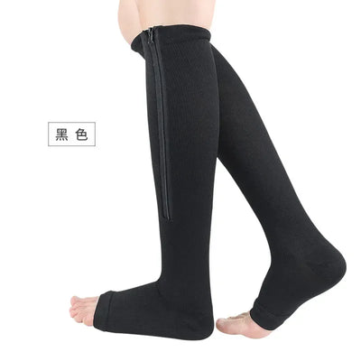 Medical zipper compression socks for men and women in black, ideal for edema and varicose veins support.