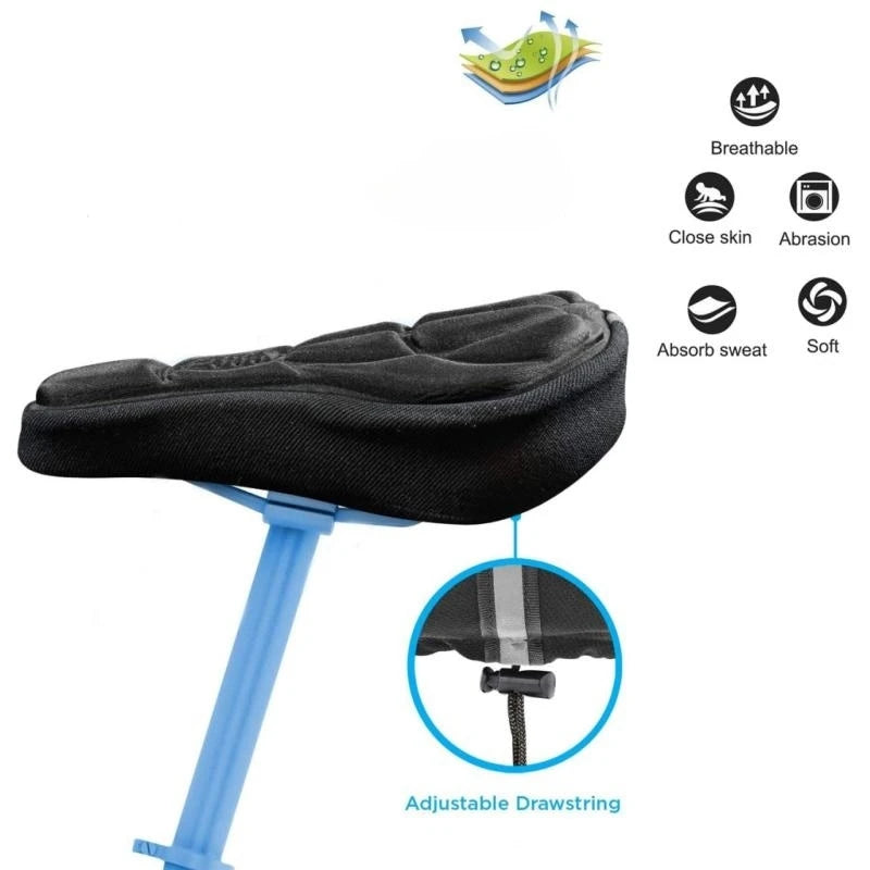 Padded bike seat cover with adjustable drawstring, breathable fabric, and soft foam for MTB and road cycling.