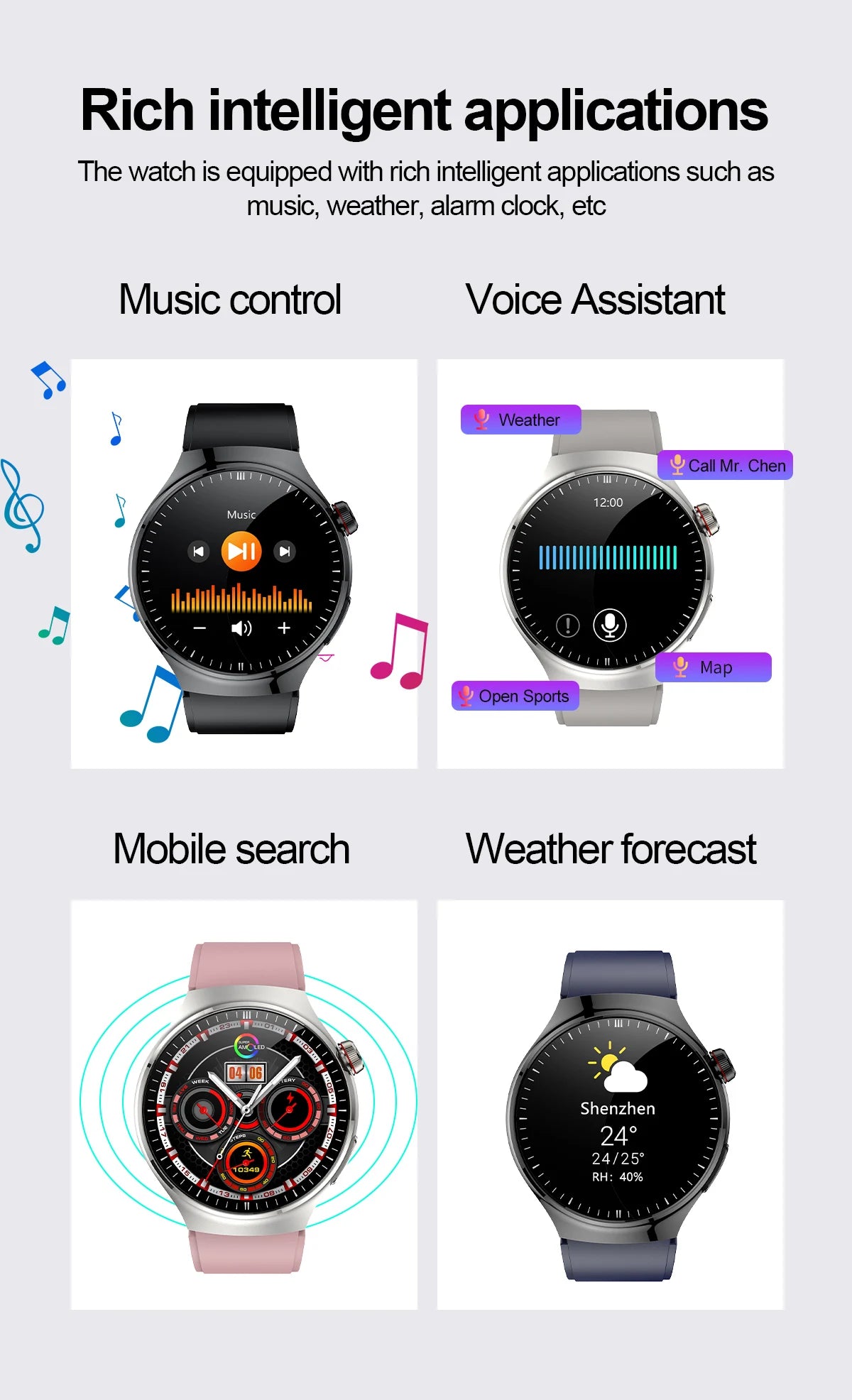 Health smartwatch showcasing music control, voice assistant, mobile search, and weather forecast features.