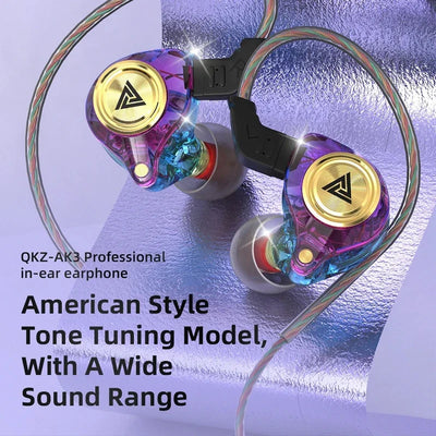 QKZ AK3 professional in-ear earphones featuring American style tone tuning and a wide sound range.