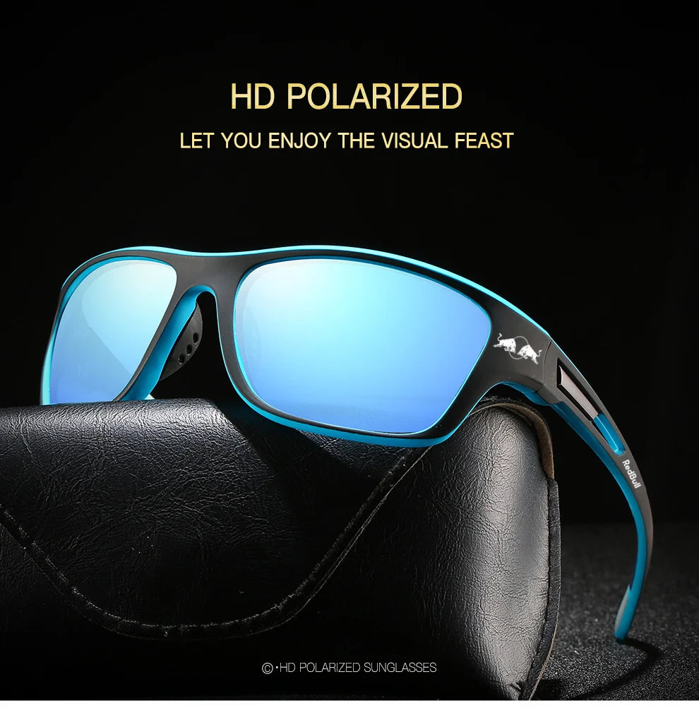 HD polarized Red Bull sunglasses with blue lenses for improved visual clarity, perfect for outdoor activities.