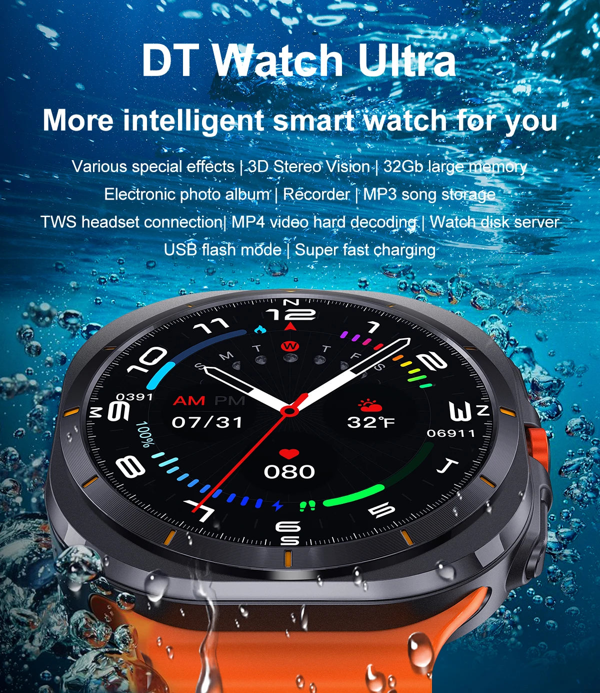DT Watch Ultra with 3D Stereo Vision and waterproof design, showcasing features like MP4 decoding and fast charging.